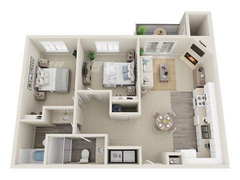Floor plan for 2 beds, 2 baths, 984 sqft